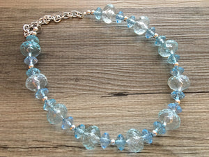 Baby Blue Single Strand Statement Necklace, Chunky Blue Oval Beaded Bib Jewelry, blue jewelry, light blue jewlery necklace silver