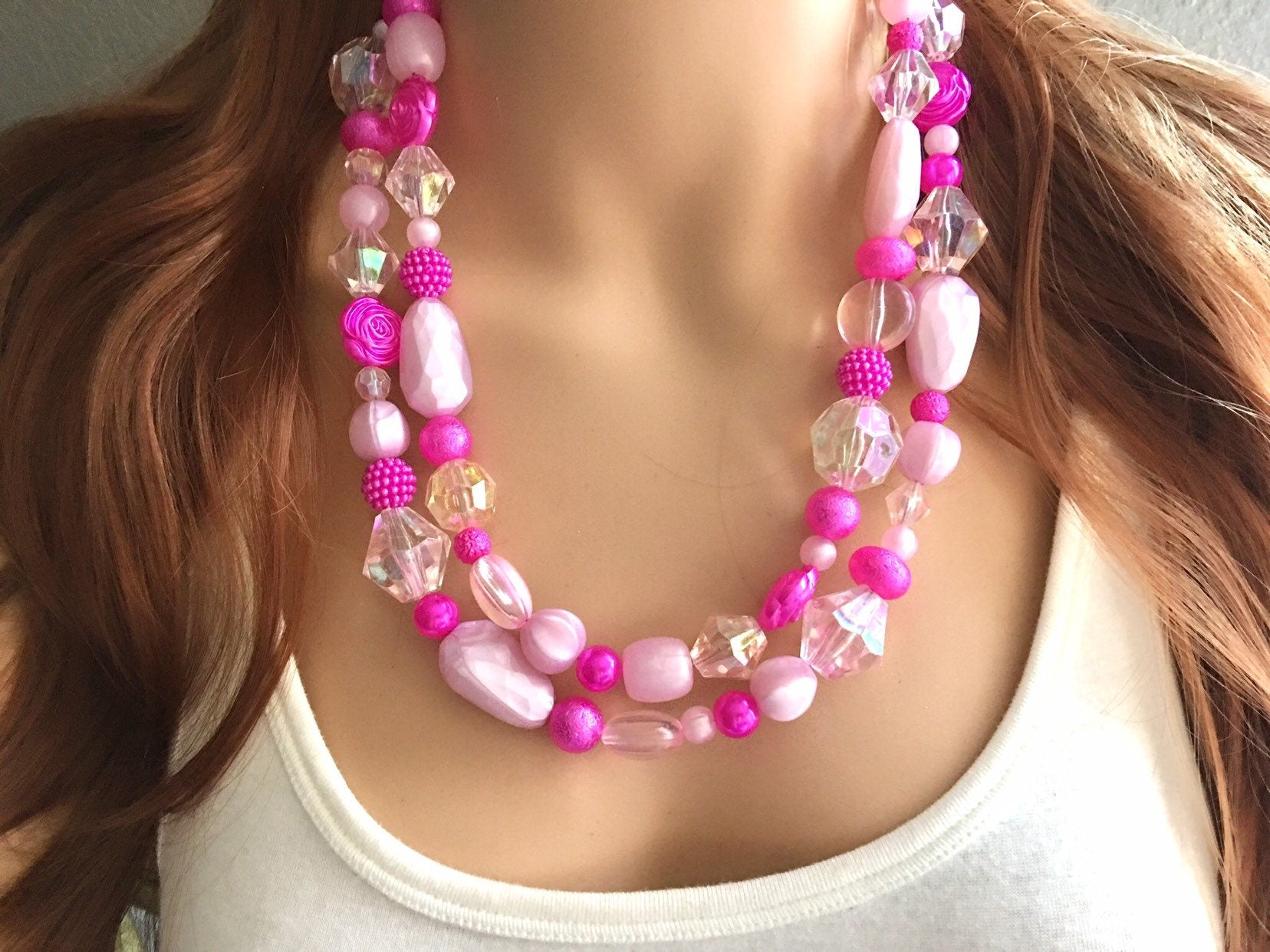 Hot Pink Statement jewelry, Chunky Beaded Necklace, pink Jewelry, mage Polka Dot Drawer Hot Pink Statement jewelry, Chunky Beaded Necklace, pink Jewelry, mage Polka Dot Drawer