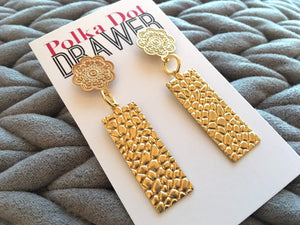 Gold Hammered Floral Statement Earrings, Gold drop Earrings, shiny jewelry earrings metal geometric, dangle large earrings