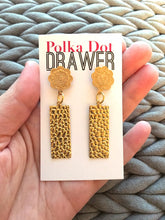 Load image into Gallery viewer, Gold Hammered Floral Statement Earrings, Gold drop Earrings, shiny jewelry earrings metal geometric, dangle large earrings