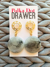 Load image into Gallery viewer, Gold &amp; Gray statement earrings, Geometric bead Statement jewelry gold necklace chunky drop hook earrings, acrylic circle gray swirls round