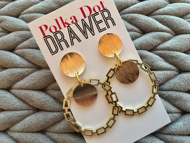 Gold statement earrings, Geometric bead Statement jewelry gold necklace chunky drop hook earrings, hammered Brushed round circle