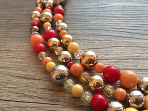 Metallic Harvest Statement Necklace, fall colors Mustard Gold Necklace, Triple Strand Statement necklace, vintage gold necklace, chunky