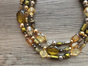Metallic & Olive 3 Strand statement necklace, big beaded necklace, chunky jewelry, green necklace, gold necklace, multi-strand bib jewelry