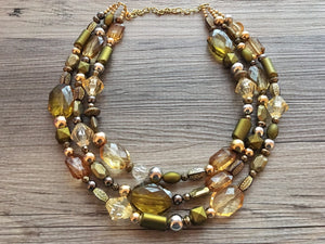 Metallic & Olive 3 Strand statement necklace, big beaded necklace, chunky jewelry, green necklace, gold necklace, multi-strand bib jewelry