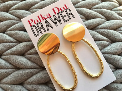 Gold Mirror statement earrings, Geometric bead Statement jewelry gold necklace chunky drop hook earrings, hammered Ovals