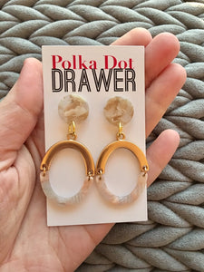 Coral Gold Oval Earrings, Gold drop Earrings, shiny jewelry earrings metal geometric peach pink, acetate acrylic resin earrings