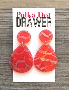 Red & Silver Crackle Shell Teardrop earrings, round circle earrings, tortoise jewelry, red earrings, tortoise hoops, red acetate earring