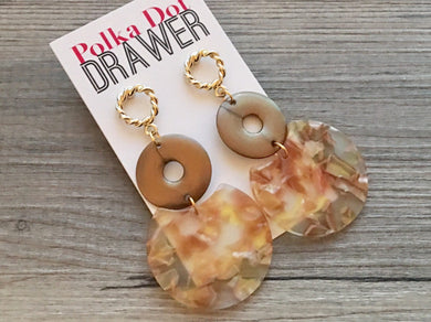 Golden Sunset Teardrop earrings, round circle earrings, tortoise jewelry, yellow orange brown gold acetate earring, geometric statement