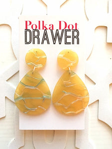 Yellow & Silver Crackle Shell Teardrop earrings, round circle earrings, tortoise jewelry, yellow rainbow earrings blonde acetate earring