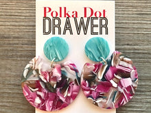 Load image into Gallery viewer, Mint &amp; Pink Statement earrings, round circle earrings, tortoise jewelry, mosaic laser cut acetate earring, geometric drop dangle