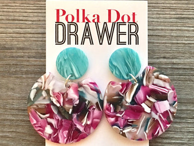 Mint & Pink Statement earrings, round circle earrings, tortoise jewelry, mosaic laser cut acetate earring, geometric drop dangle
