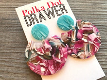 Load image into Gallery viewer, Mint &amp; Pink Statement earrings, round circle earrings, tortoise jewelry, mosaic laser cut acetate earring, geometric drop dangle