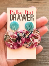 Load image into Gallery viewer, Mint &amp; Pink Statement earrings, round circle earrings, tortoise jewelry, mosaic laser cut acetate earring, geometric drop dangle