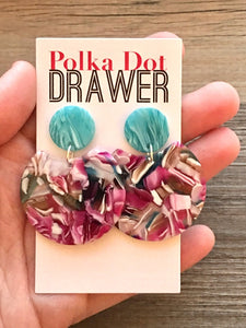 Mint & Pink Statement earrings, round circle earrings, tortoise jewelry, mosaic laser cut acetate earring, geometric drop dangle