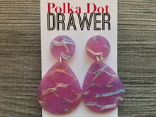 Load image into Gallery viewer, Purple &amp; Silver Crackle Shell Teardrop earrings, round circle earrings, tortoise jewelry, purple rainbow earrings rainbow acetate earring