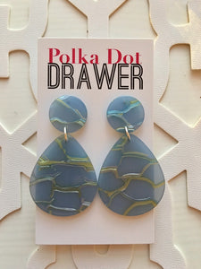 Blue Gray & Silver Crackle Shell Teardrop earrings, round circle earrings, tortoise jewelry, cornflower rainbow earrings acetate earring