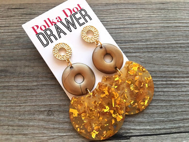 Creamy Brown + Gold Foil Confetti Earrings, Gold drop Earrings, shiny jewelry earrings metal geometric, vacation earrings statement