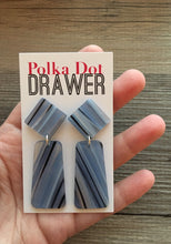 Load image into Gallery viewer, Soft Blue Striped Statement Earrings, Blue drop Earrings, Pencil jewelry earrings metal geometric, dangle large earrings light blue