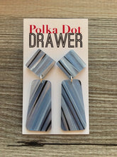 Load image into Gallery viewer, Soft Blue Striped Statement Earrings, Blue drop Earrings, Pencil jewelry earrings metal geometric, dangle large earrings light blue