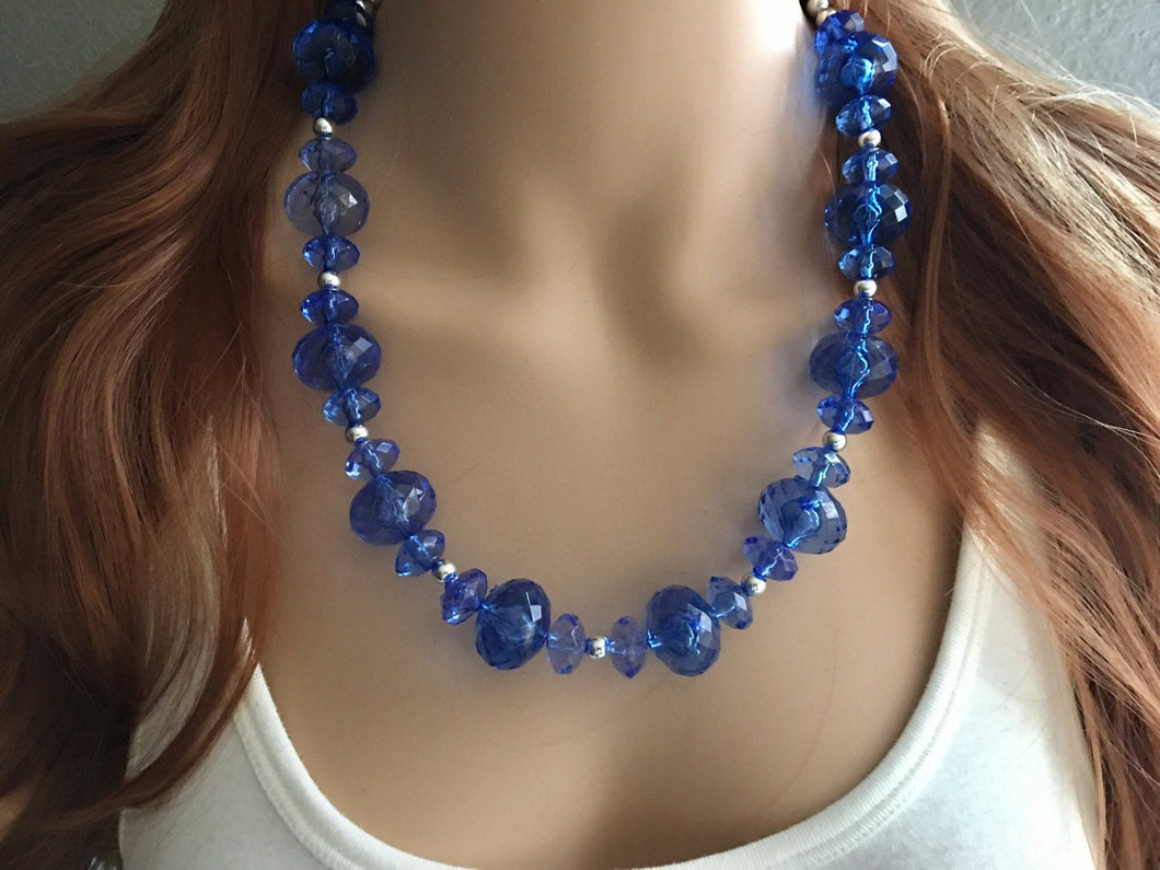 Royal Blue Single Strand Statement Necklace, Chunky Royal Blue Oval Beaded Bib Jewelry, blue jewelry, dark blue jewlery necklace silver