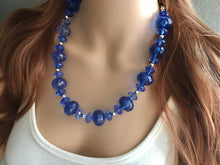 Load image into Gallery viewer, Royal Blue Single Strand Statement Necklace, Chunky Royal Blue Oval Beaded Bib Jewelry, blue jewelry, dark blue jewlery necklace silver