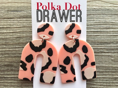 Pink Animal Print Statement earrings, horseshoe earrings, tortoise jewelry, mosaic 3D printed laser cut acetate geometric drop dangle