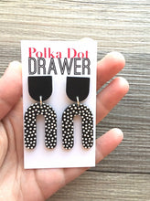 Load image into Gallery viewer, Black &amp; White Polka Dot Statement earrings, horseshoe earrings, mosaic 3D printed laser cut acetate geometric drop dangle