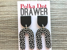 Load image into Gallery viewer, Black &amp; White Polka Dot Statement earrings, horseshoe earrings, mosaic 3D printed laser cut acetate geometric drop dangle