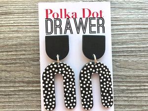 Black & White Polka Dot Statement earrings, horseshoe earrings, mosaic 3D printed laser cut acetate geometric drop dangle