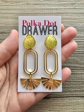 Load image into Gallery viewer, Lemon Lime Glitter &amp; Gold Sunbeam earrings, oval earrings, tortoise jewelry, gold geometric earrings pierced dangle drop Statement