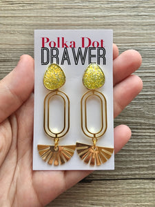 Lemon Lime Glitter & Gold Sunbeam earrings, oval earrings, tortoise jewelry, gold geometric earrings pierced dangle drop Statement