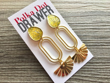 Load image into Gallery viewer, Lemon Lime Glitter &amp; Gold Sunbeam earrings, oval earrings, tortoise jewelry, gold geometric earrings pierced dangle drop Statement