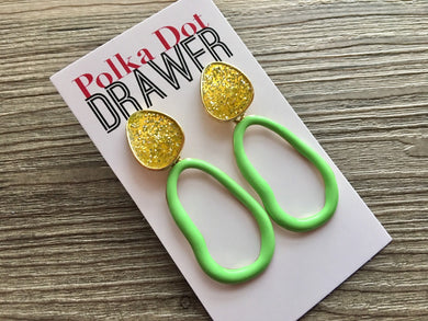 Lemon Lime Glitter & Green Oval earrings, oval earrings, tortoise jewelry, gold geometric earrings pierced dangle drop Statement