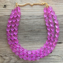 Load image into Gallery viewer, Orchid Chunky Statement Necklace &amp; Stretch Bracelet set, Triple Strand Beaded Jewelry, purple pink jewelry, bridesmaid gold jelly bean