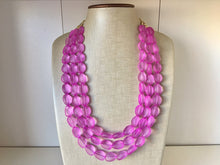 Load image into Gallery viewer, Orchid Chunky Statement Necklace &amp; Stretch Bracelet set, Triple Strand Beaded Jewelry, purple pink jewelry, bridesmaid gold jelly bean