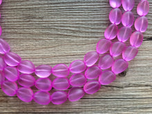 Load image into Gallery viewer, Orchid Chunky Statement Necklace &amp; Stretch Bracelet set, Triple Strand Beaded Jewelry, purple pink jewelry, bridesmaid gold jelly bean