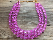 Load image into Gallery viewer, Orchid Chunky Statement Necklace &amp; Stretch Bracelet set, Triple Strand Beaded Jewelry, purple pink jewelry, bridesmaid gold jelly bean