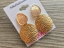 Load image into Gallery viewer, Blush Pink Glitter &amp; Gold Hammered earrings, oval earrings, tortoise jewelry, gold geometric earrings pierced dangle drop Statement gold