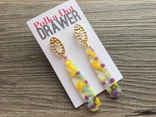 Load image into Gallery viewer, Purple Yellow Green CONFETTI Gold Oval earrings, oval earrings, tortoise jewelry, gold geometric earrings pierced dangle drop Statement