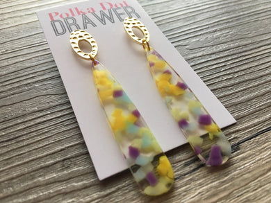 Purple Yellow Green CONFETTI Gold Oval earrings, oval earrings, tortoise jewelry, gold geometric earrings pierced dangle drop Statement