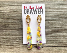 Load image into Gallery viewer, Purple Yellow Green CONFETTI Gold Oval earrings, oval earrings, tortoise jewelry, gold geometric earrings pierced dangle drop Statement