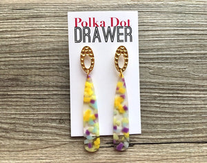 Purple Yellow Green CONFETTI Gold Oval earrings, oval earrings, tortoise jewelry, gold geometric earrings pierced dangle drop Statement