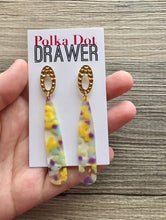 Load image into Gallery viewer, Purple Yellow Green CONFETTI Gold Oval earrings, oval earrings, tortoise jewelry, gold geometric earrings pierced dangle drop Statement