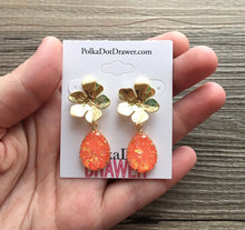 Load image into Gallery viewer, Gold Flower &amp; Neon Coral earrings, tortoise jewelry, gold geometric earrings pierced dangle drop Statement gold metal brass