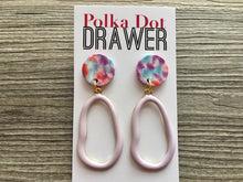 Load image into Gallery viewer, Lavender Tie Dye earrings, brass jewelry, gold geometric earrings pierced dangle drop Statement gold metal brass