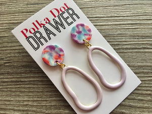 Lavender Tie Dye earrings, brass jewelry, gold geometric earrings pierced dangle drop Statement gold metal brass