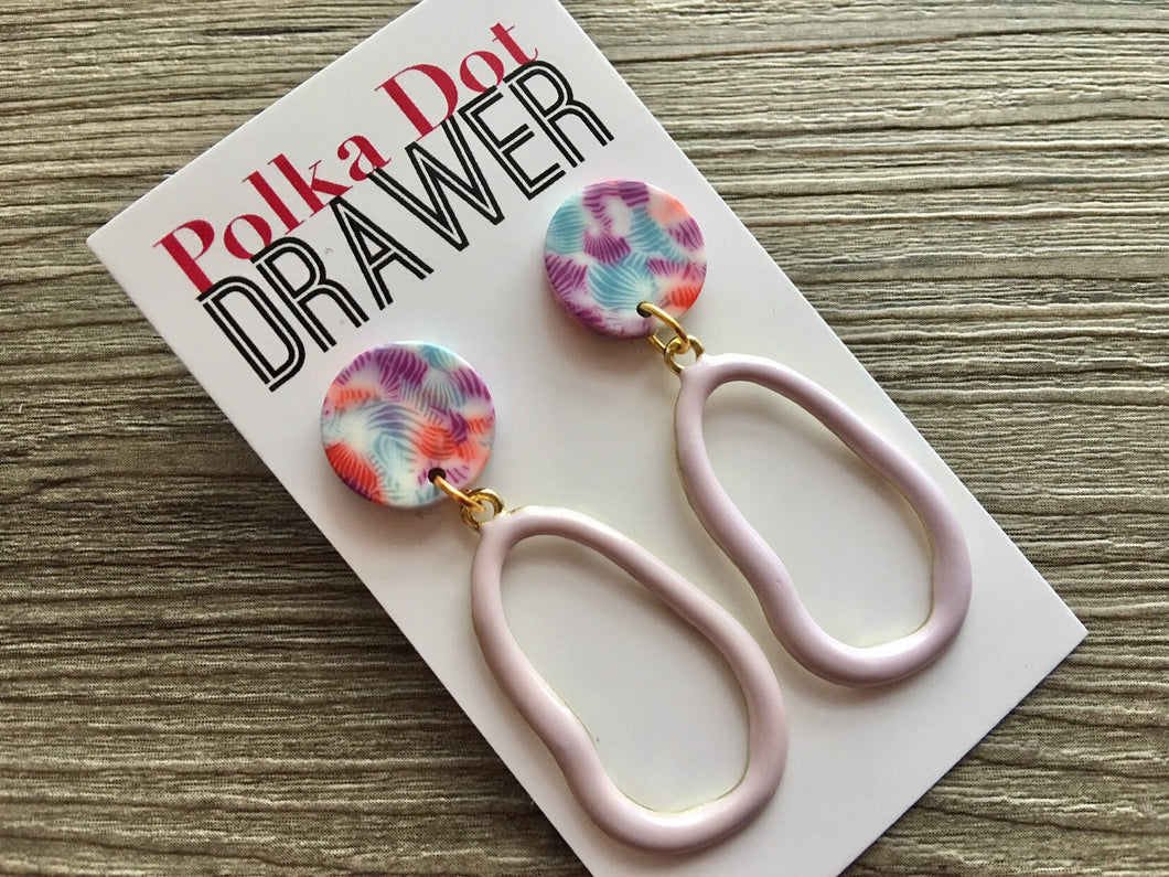 Lavender Tie Dye earrings, brass jewelry, gold geometric earrings pierced dangle drop Statement gold metal brass