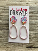 Load image into Gallery viewer, Lavender Tie Dye earrings, brass jewelry, gold geometric earrings pierced dangle drop Statement gold metal brass
