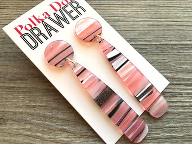 Pink Striped Shell Teardrop earrings, round circle earrings, tortoise jewelry, smoke gray earrings, tortoise blush acetate earring glitter